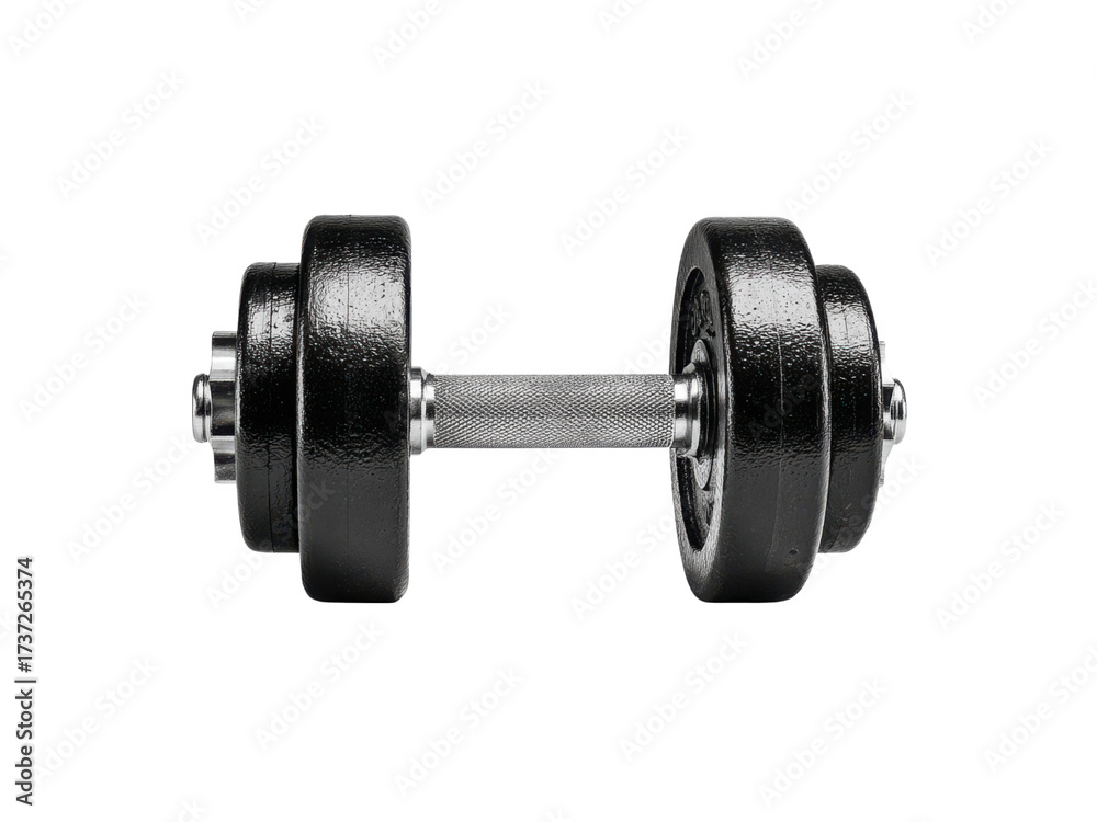 Fototapeta premium Black weightlifting equipment with textured silver handle on black background dumbbell exercise, Isolated, Png Transparent Background