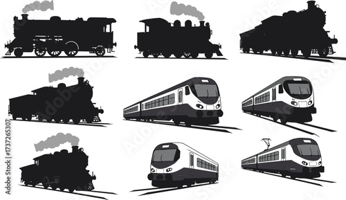 Set of vintage steam locomotives, modern electric trains, diesel engines, subway metro cars, and high-speed rail vector silhouette collection"