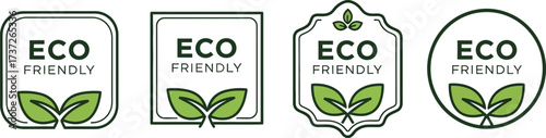 Eco Friendly Labels, Organic Badges with Green Leaf, Ecology Icon Set on White Background