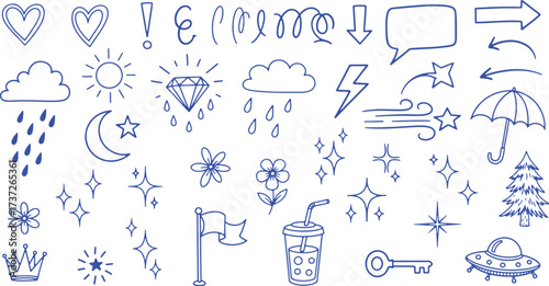 Collection of blue hand-drawn doodle icons on white background drawing