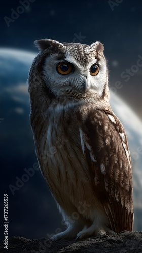 A vigilant owl standing on the moon with Earth in the background