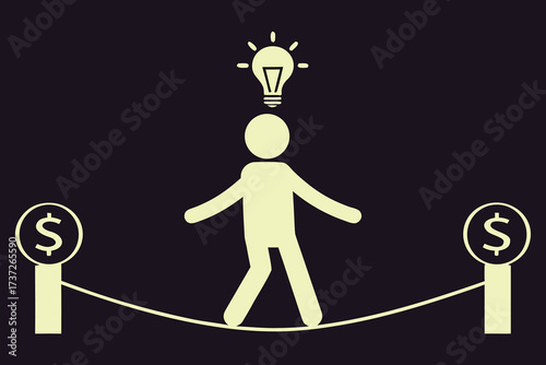 Stick figure tightrope walking between dollar signs with a lightbulb overhead balancing money