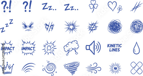 Collection of hand drawn blue doodle icons and symbols Keywords: exclamation mark, question mark