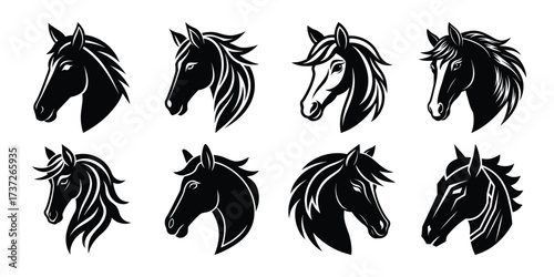 Vector art of set of eight black horse head illustrations, some in profile and some facing forward