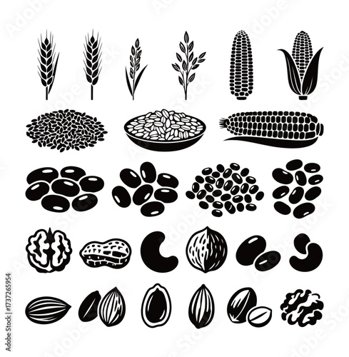 Cereal Grains, Legumes, and Nuts Silhouette Icons Set. Wheat, Corn, Beans, Almonds, and Walnuts Graphics.