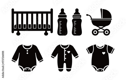 Baby Care and Infant Equipment Silhouette Icons Set. Crib, Stroller, Feeding Bottle, and Bodysuit Graphics.