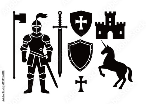 Medieval Knight and Fantasy Symbols Silhouette Icons Set. Armor, Sword, Shield, Castle, and Unicorn Graphics.