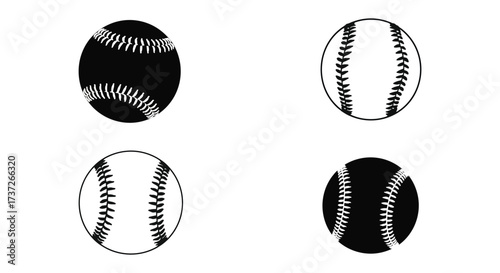 Four black and white baseball illustrations in varying orientations shown