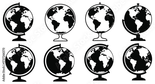 A collection of black and white globe illustrations in various orientations