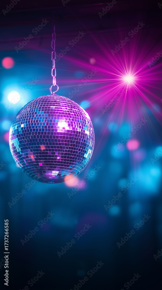 Obraz premium Shiny disco ball reflecting colorful lights in nightclub. 