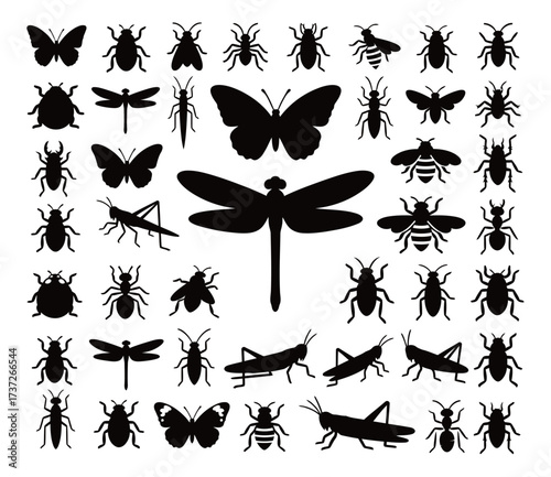 Insects and Bugs Silhouette Icons Set. Butterfly, Dragonfly, Bee, Ant, Beetle, and Grasshopper Graphics.