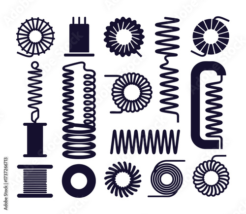 Electrical Inductors and Coils Icons Set: Electronic Components for Circuit Design and Engineering