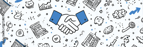 Creative Handshake Doodle Background for Business Collaboration and Partnership Deals Concept with Financial Elements
