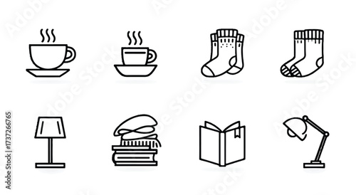 Cozy Winter Icons Collection Featuring Hot Drink Reading Socks and Warm Lighting Illustration