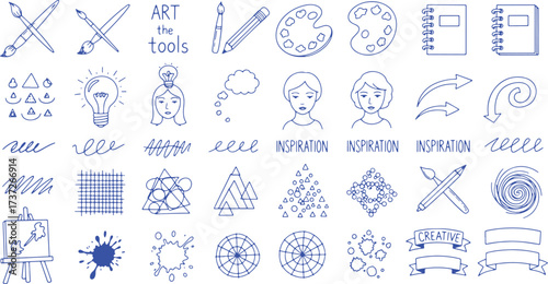 Doodle Art Supplies and Creative Elements Collection Keywords: art, tools, brushes, paint