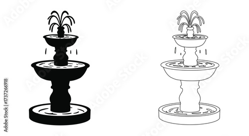 Black and white illustrations of tiered garden fountains side by side