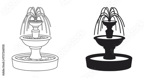 Simple black and white illustration of two tiered decorative water fountains