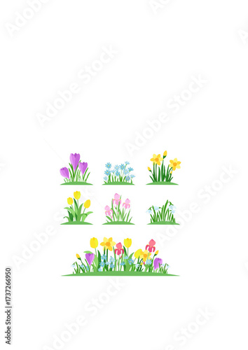 Spring flowers flat vector illustrations set. Garden flowerbeds and green grass pack on white background.ai