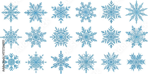 Eighteen Detailed Blue Snowflake Set with Transparent Background in Watercolor Style