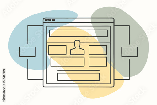 Wireframe website interface with abstract organic shapes and connecting lines layout