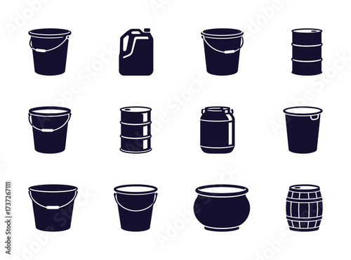 Collection of Industrial and Household Containers: Buckets, Cans, Drums, and Barrels Icons
