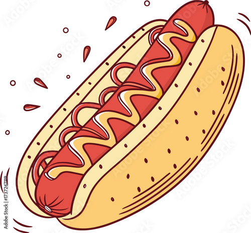 Illustration of a hot dog with mustard isolated on white background, a classic fast food for lunch or snack