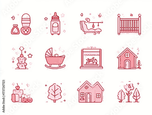 Cute baby and home related vector icon set in soft pink color scheme with delicate outlines
