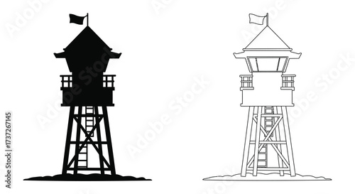 Black and white illustration of a watchtower displayed in two versions