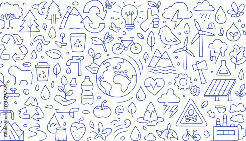 Environmental protection and sustainability doodle art with nature icons Keywords: environment