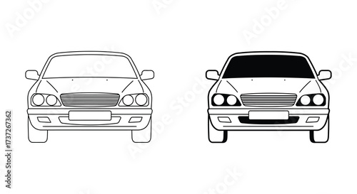 Detailed outline drawing of a classic sedan from front view side by side