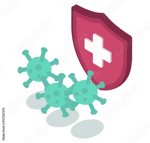 Virus protection shield icon. Editable vector illustration of medical cross blocking green pathogens. EPS immunity and health security pack