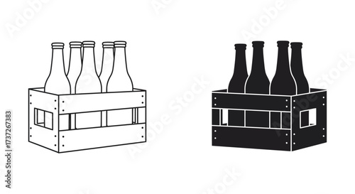 Black and white illustration of beer bottles in wooden crates