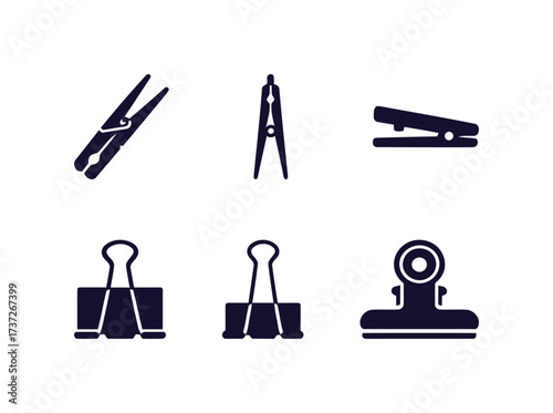 Set of Clips and Fastening Tools Icons: Clothespin, Binder Clip, and Stationery Elements