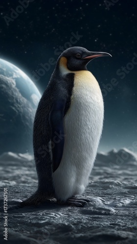 Hyper realistic penguin standing on the moon with Earth in the background and happy expression