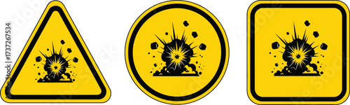 Explosion warning sign set, triangular, circular and square shaped, yellow and black