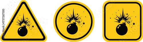 Explosive Material Warning Symbols Black Bomb on Yellow Triangle, Circle, and Square