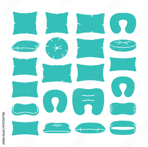 Various Cushions, Pillows, and Sleeping Comfort Icons Set: Bedding, Travel, and Rest Elements