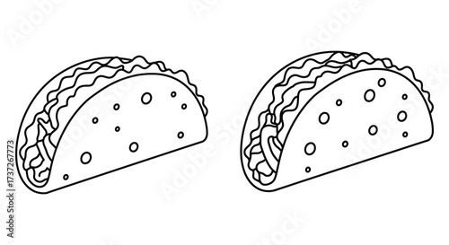 Simple black and white illustration depicting two delicious looking tacos