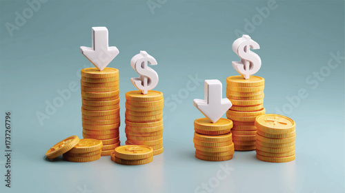 Declining financial value represented by stacked coins dollar signs and arrows pointing down suggesting economic recession or downturn