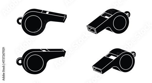 Black and white depictions of four referee whistles in varying orientations