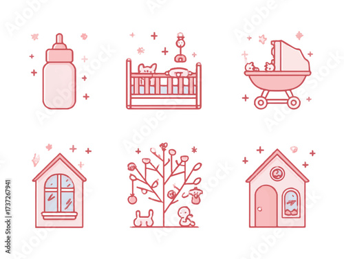 Delicate Pink Baby Icons Collection Representing Childcare Items and Nursery Decor with Whimsical Touches