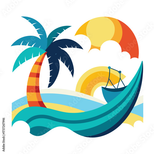 tropical island beach with palm trees vector illustration