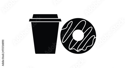 Simple black and white illustration featuring a coffee cup and donut