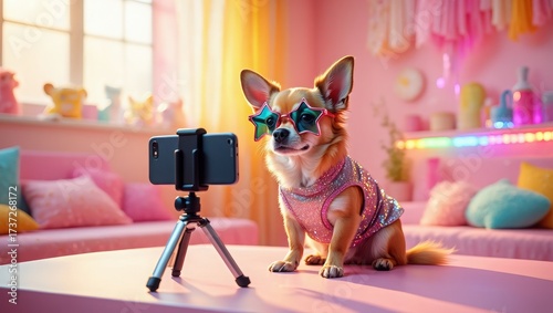 Playful Chihuahua In Sparkly Pink Vest Posing For Selfie With Star Sunglasses In Colorful Room
