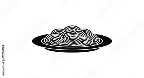 A simple black and white illustration of spaghetti on a plate