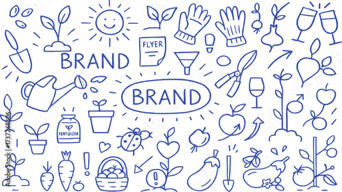 Gardening And Plant Care Doodle Collection With Tools And Produce plants nature