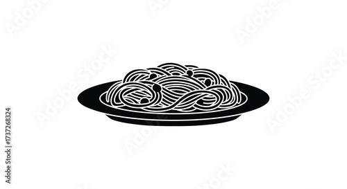 A simple black and white illustration of spaghetti on a plate