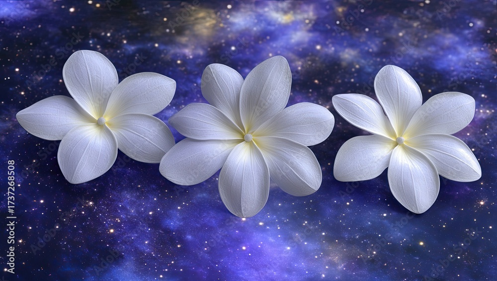 Fototapeta premium Three frangipanis float on a starry, blurred cosmos backdrop