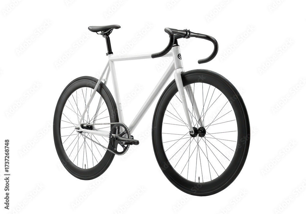 Obraz premium Sleek white fixed-gear bicycle with matte black wheels and matching helmet in a high-key studio, perfectly lit against a seamless transparent background, elegant product photography concept