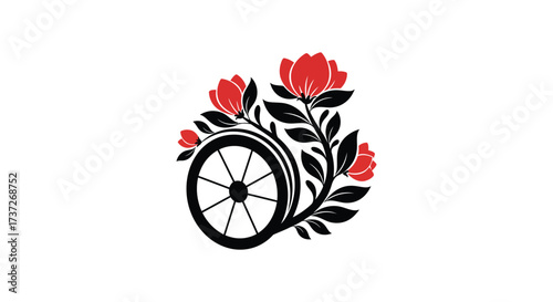 A floral design incorporating a wheel symbolizing movement and nature